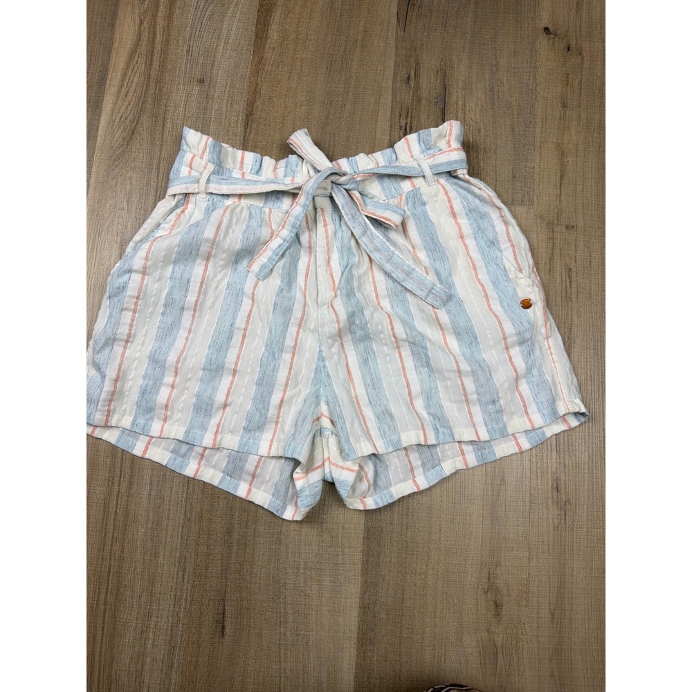 Roxy Striped Paperbag Waist Shorts Blue Coral White High Rise Belted Womens M